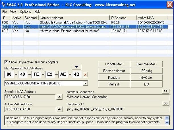 smac mac address changer screenshot