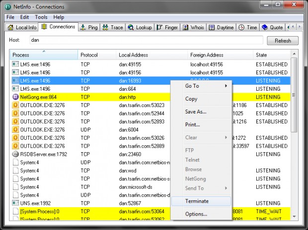 NetInfo Ekran Goruntusu - Connections