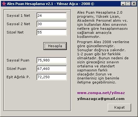 ALES Puan Hesaplama - Sınav Puanı Hesaplama Programı